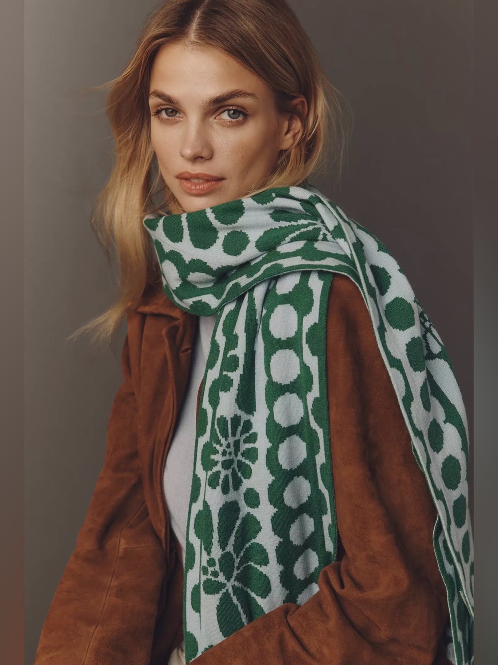FARM Rio Green & White Floral Knit Scarf